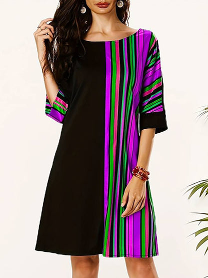 A-line Half Sleeves Asymmetric Contrast Color Striped Round-neck Mini Dresses