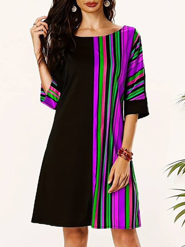 A-line Half Sleeves Asymmetric Contrast Color Striped Round-neck Mini Dresses