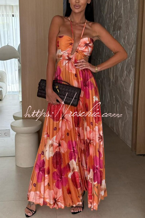 Casey Satin Print Cutout Halter Back Tie-up Pleated Maxi Dress
