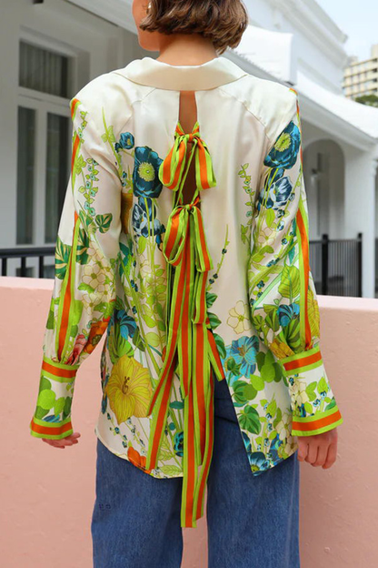 Satin Print Back Tie-up Button Down Oversized Blouse