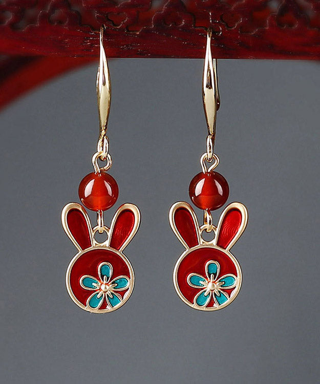 Red Sterling Silver Agate Cloisonne Rabbit Drop Earrings
