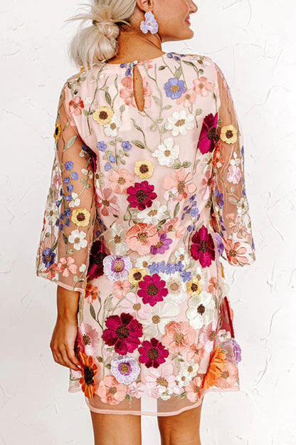 Dahlia Dreaming Embroidered Applique Half Sleeve Mini Dress