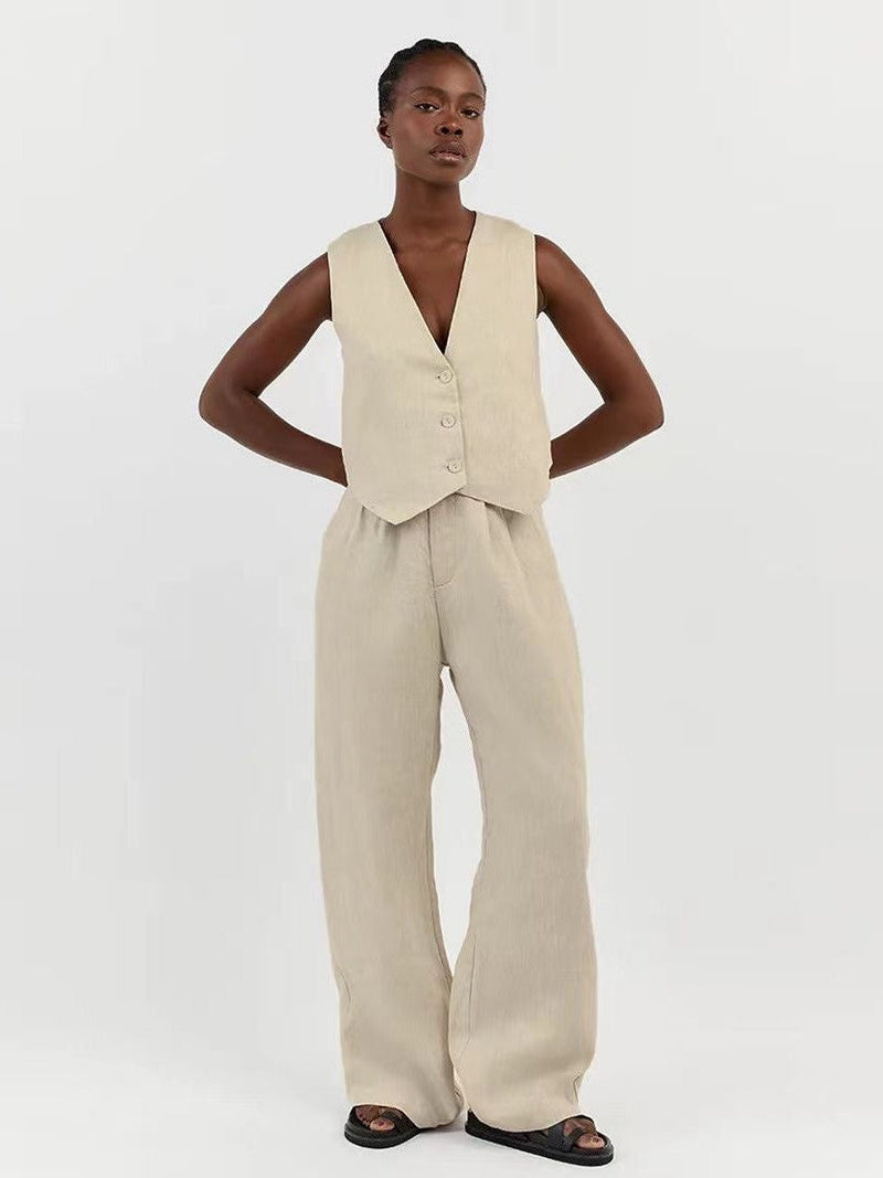 Waist Coat Vest & Wide Leg Pants Coord Set