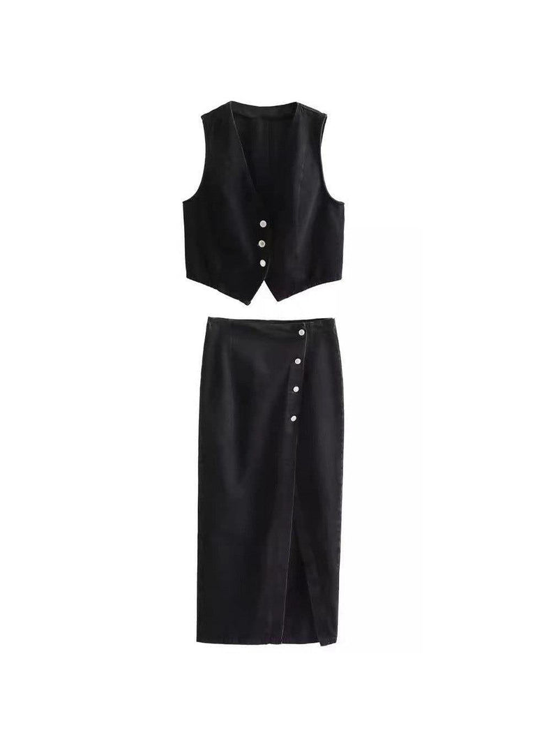 Denim Vest Waist Coat & Slit Skirt Coord Set