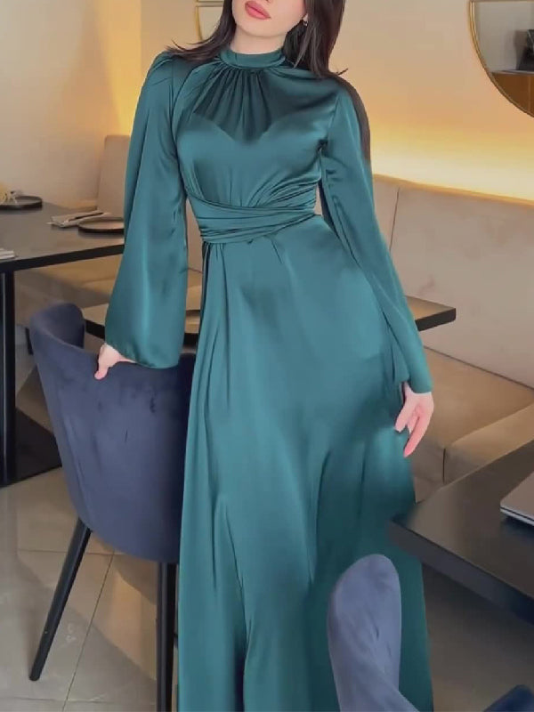 Long Sleeves Loose Pleated Color Tied Waist Mock Neck Maxi Dresses