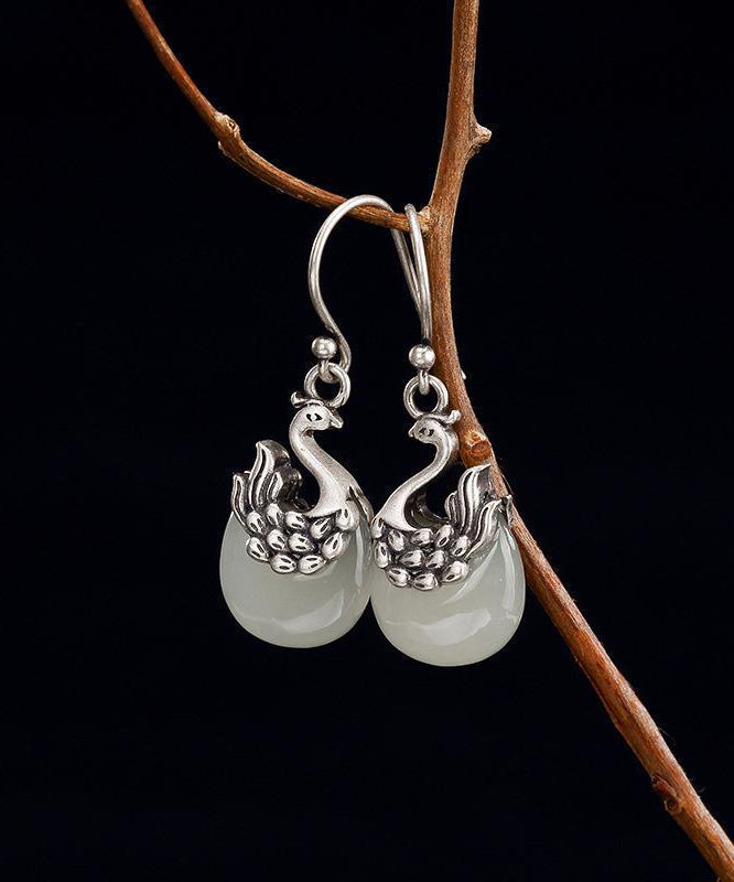 Sterling Silver Legendary Phoenix Jade Drop Earrings