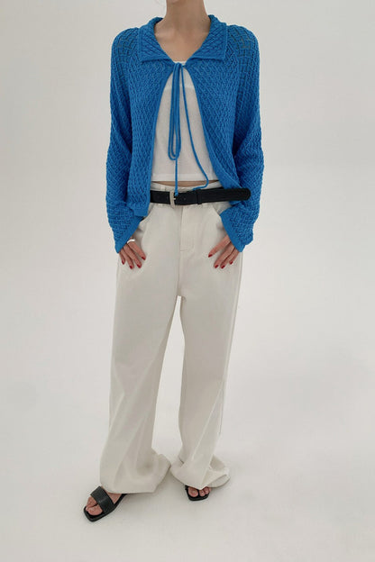 Hollow-out Collared Tie-waist Long-sleeve Short Knit Cardigan