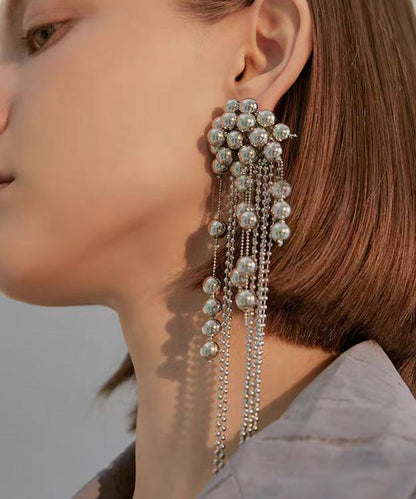 Silver Needle Single Piece Tassel Metal Ball Earrings