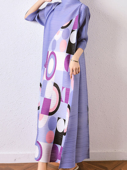 Loose Geometric Printed Pleated Midi Dress