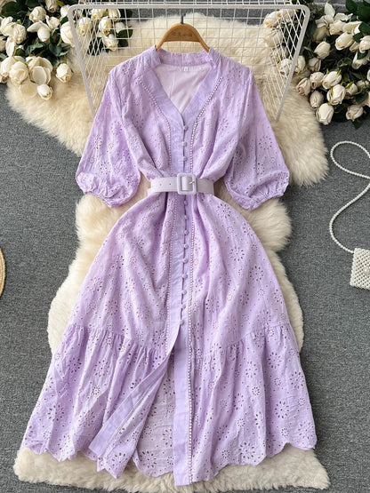 Summer V-neck Hollow Out Dress Bubble Sleeves Loose Embroidered Ruffle Edge Long Dresses Long Robe