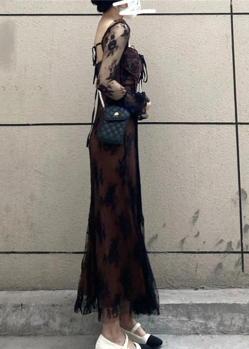 French Black Square Collar Patchwork Lace Long Dress Flare Sleeve Az1028