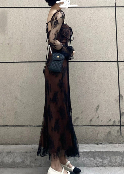 French Black Square Collar Patchwork Lace Long Dress Flare Sleeve Az1028