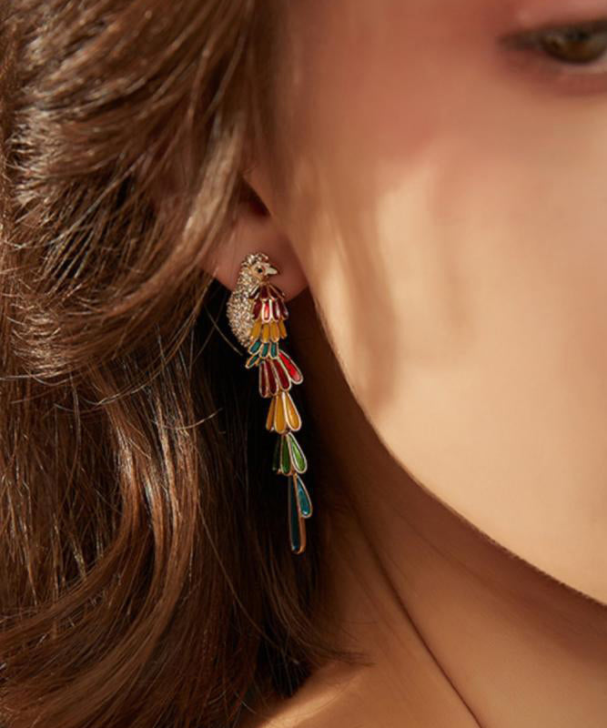 Rainbow Copper Overgild Zircon Parrot Tassel Drop Earrings