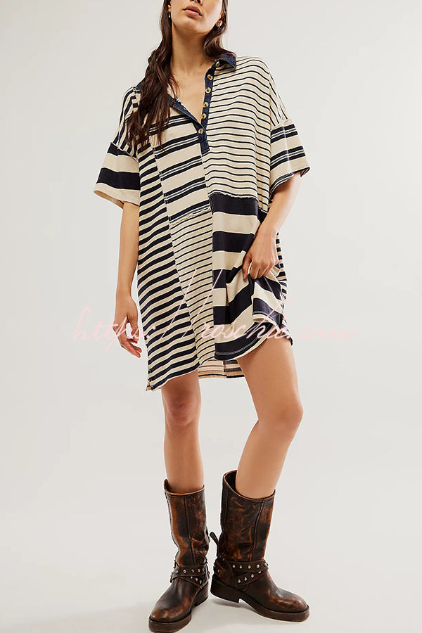 Contrast Striped Patchwork Denim Lapel Loose Mini Dress