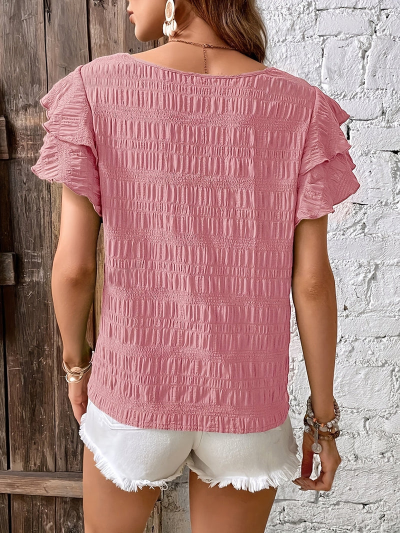 All-season Crew Neck Blouse With Timeless Ruffle