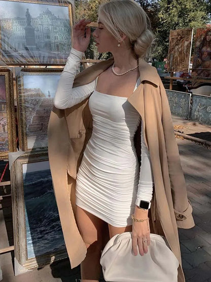 Ruched Long Sleeve Mini Dress Bodycon Party Autumn Winter Club White Clothes
