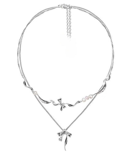 Silk Alloy Pearl Bow Pendant Necklace Two-piece Set