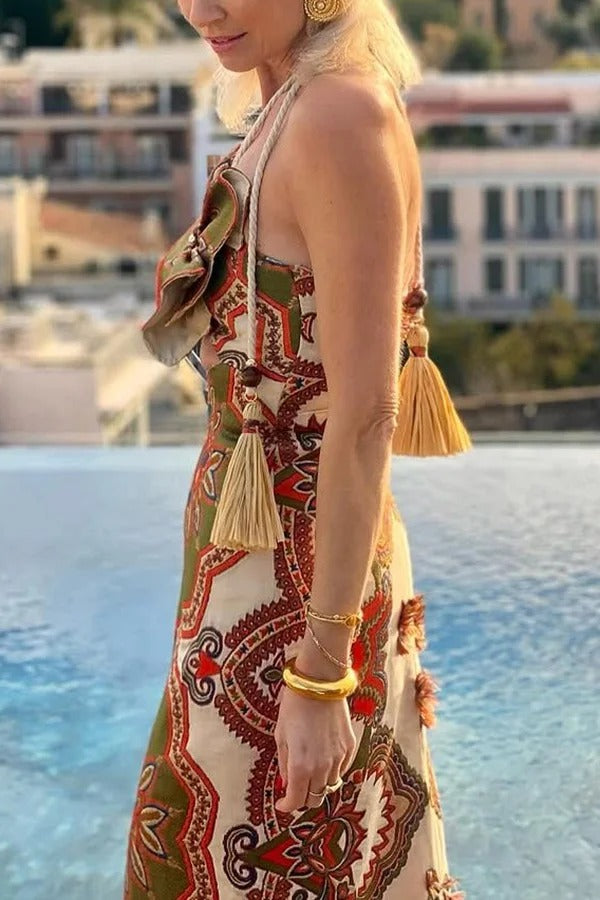 Rosalyn Unique Print 3d Butterfly Cutout Tassle Strap Halter Maxi Dress