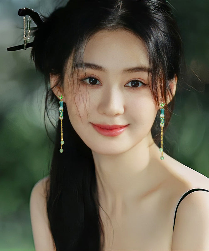Chinese Style Green Sterling Silver Alloy Bamboo Jointtassel Drop Earrings