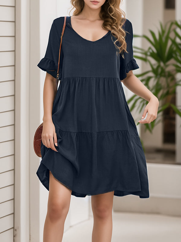 A-line Flared Sleeves Pleated Pockets Ruffled Color Split-joint Round-neck Mini Dresses