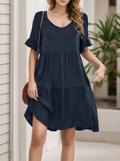 A-line Flared Sleeves Pleated Pockets Ruffled Color Split-joint Round-neck Mini Dresses