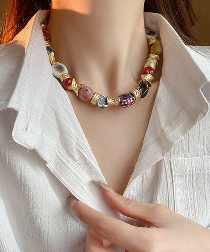 Rainbow Sterling Silver Overgild Ceramic Beads Collar Necklace