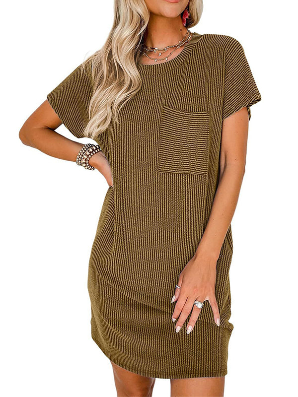 A-line Loose Contrast Color Pockets Split-joint Striped Round-neck Mini Dresses