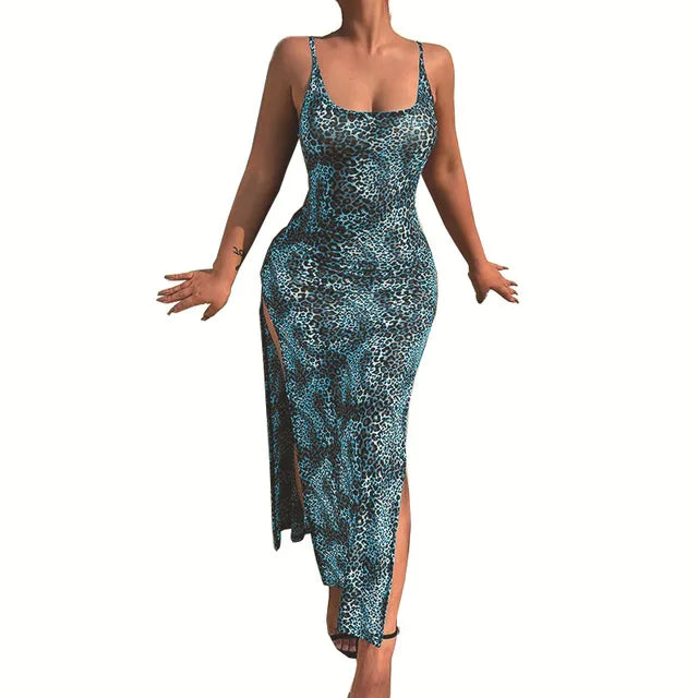 Leopard Print Slim Long Dresses Low Cut Backless Package Hip Bodycon Slit Dress Female Summer New