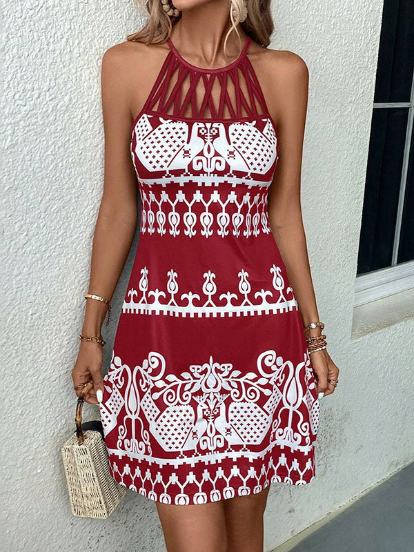 Loose Sleeveless Hollow Printed Split-joint Halter-neck Mini Dresses
