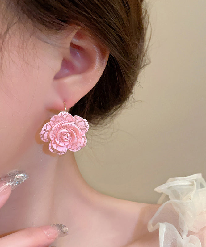 Pink Sterling Silver Alloy Rose Resin Hoop Earrings