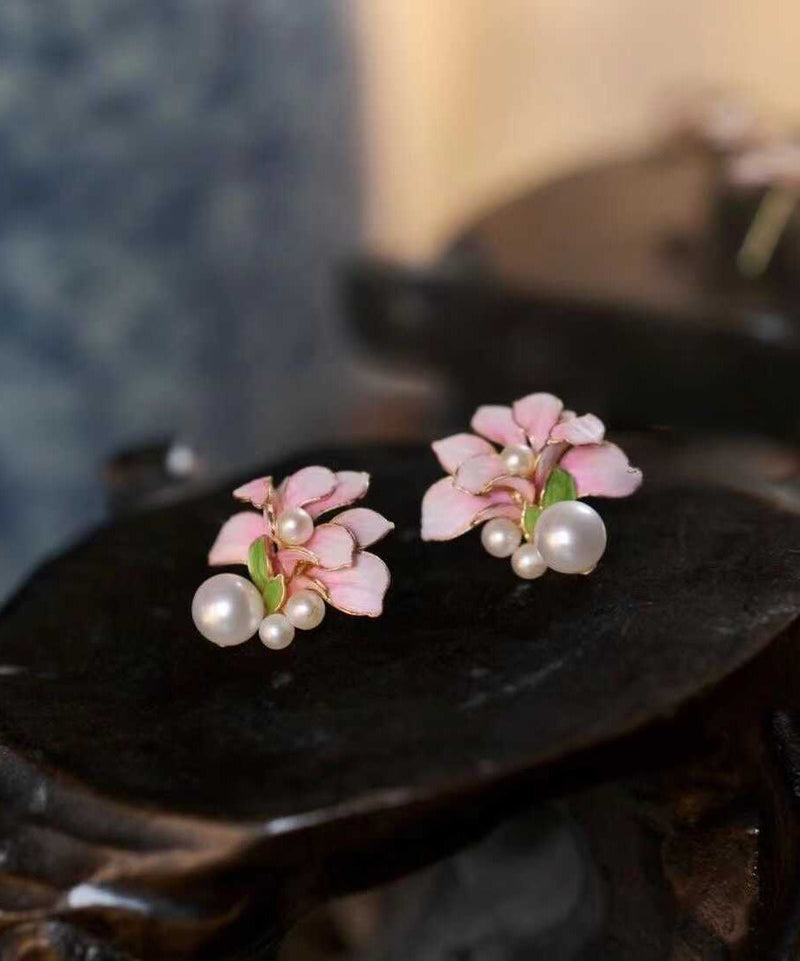 Chinese Styl Pink Sterling Silver Overgild Pearl Stud Earrings