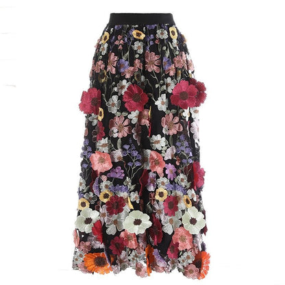 Vacation Elastic Waist Pink Embroidery Patch Tulle Skirt