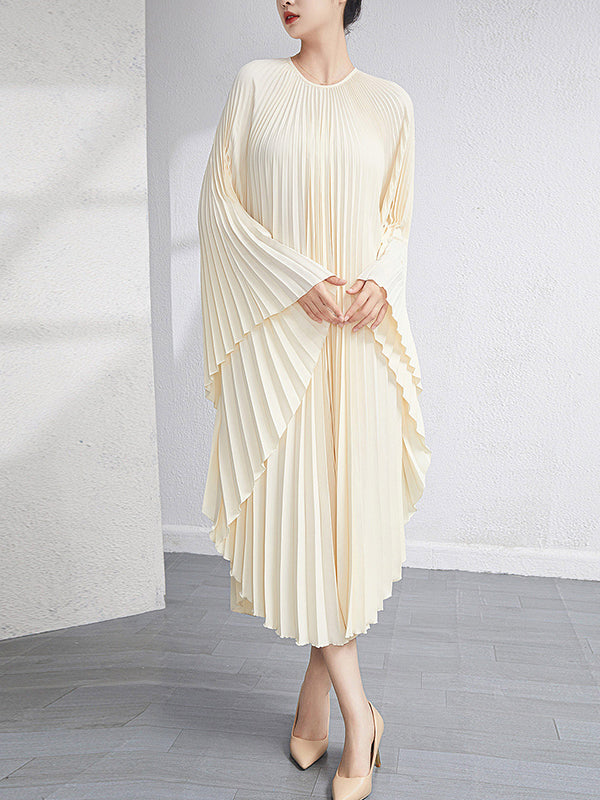 Batwing Sleeves Loose Pleated Color Maxi Dresses