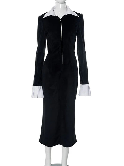 Lapel Zipper Long Dress for Ruffled Contrast Slim Commute High Waist Dress Autumn Maxi Dress