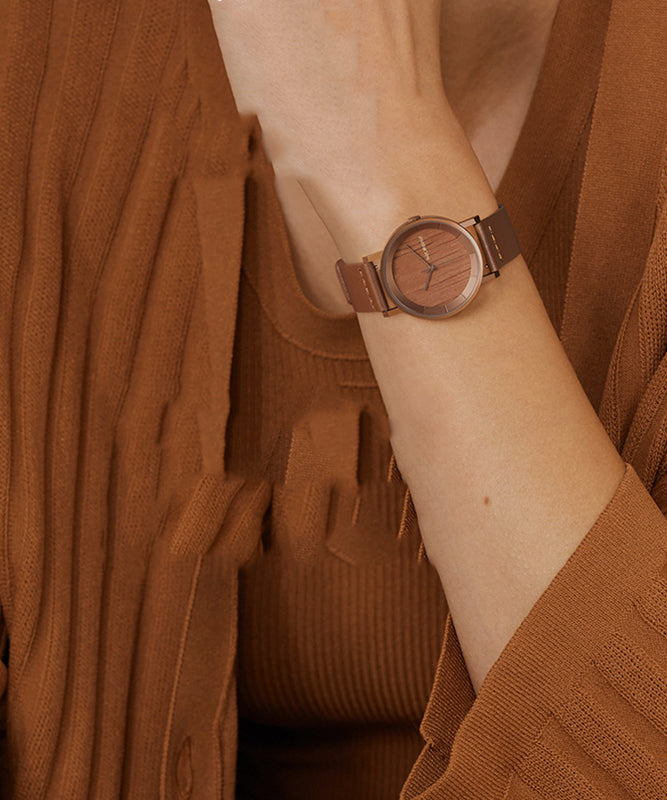 Brown Genuine Leather Inlaid Wooden Quartz Movement Watch