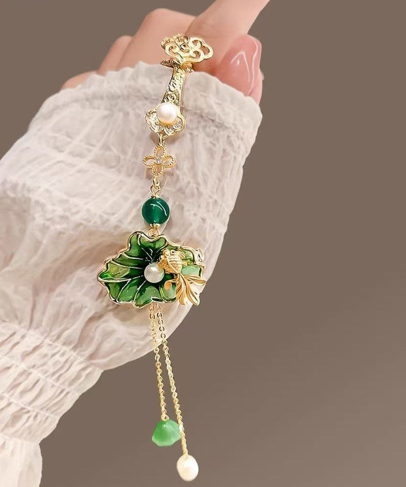 Green Copper Pearl Orchid Tassel Hairpin