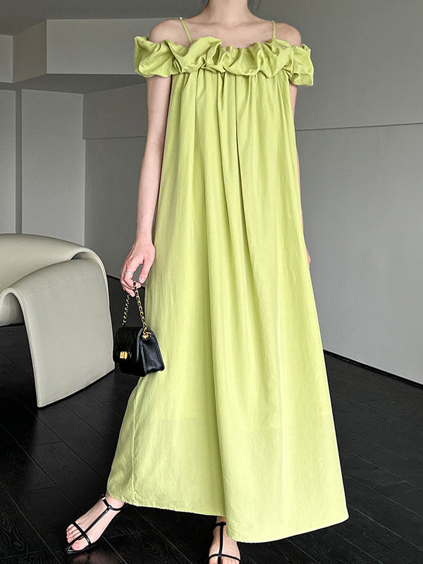Loose Sleeveless Elasticity Pleated Color Split-joint Off-the-shoulder Maxi Dresses
