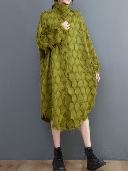 Stylish Long Sleeves Loose Tasseled Color High-neck Midi Dresses
