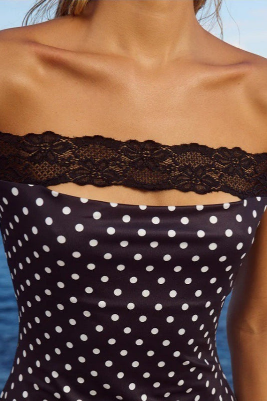 Off-shoulder Lace Trim Polka Dot Bodycon Mini Dress
