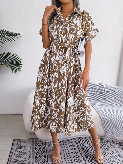 Loose Short Sleeves Leopard Ribbed Lapel Midi Dresses