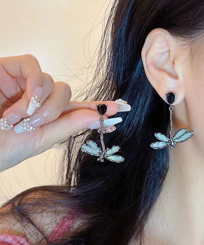 Blue Sterling Silver Dragonfly Drip Glaze Drop Earrings