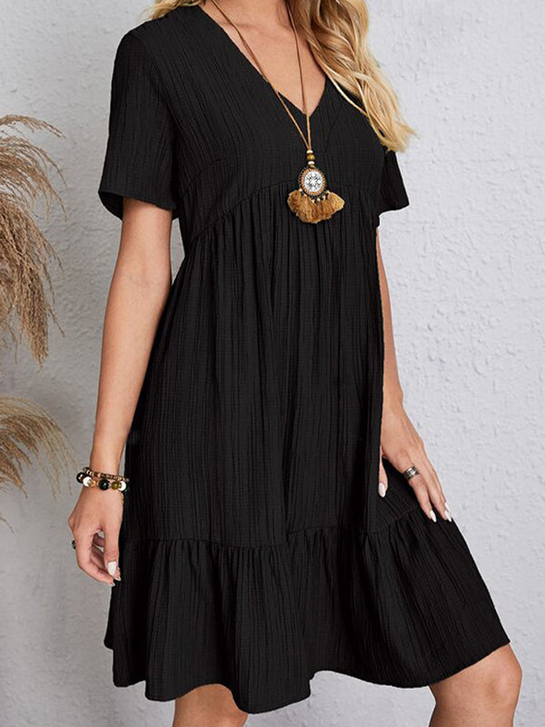 A-line Loose Pleated Color Split-joint V-neck Mini Dresses