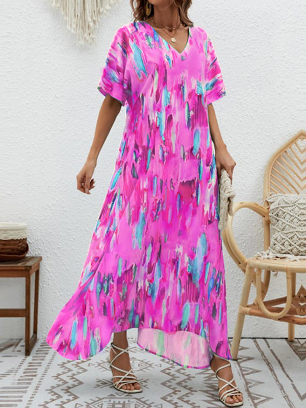 Loose Short Sleeves Contrast Color High-waisted Printed V-neck Maxi Dresses