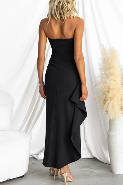 Strapless Ruched Slit Maxi Dress