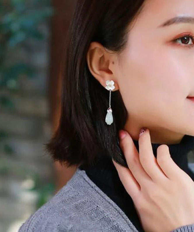 White Sterling Silver Inlaid Jade Drop Earrings