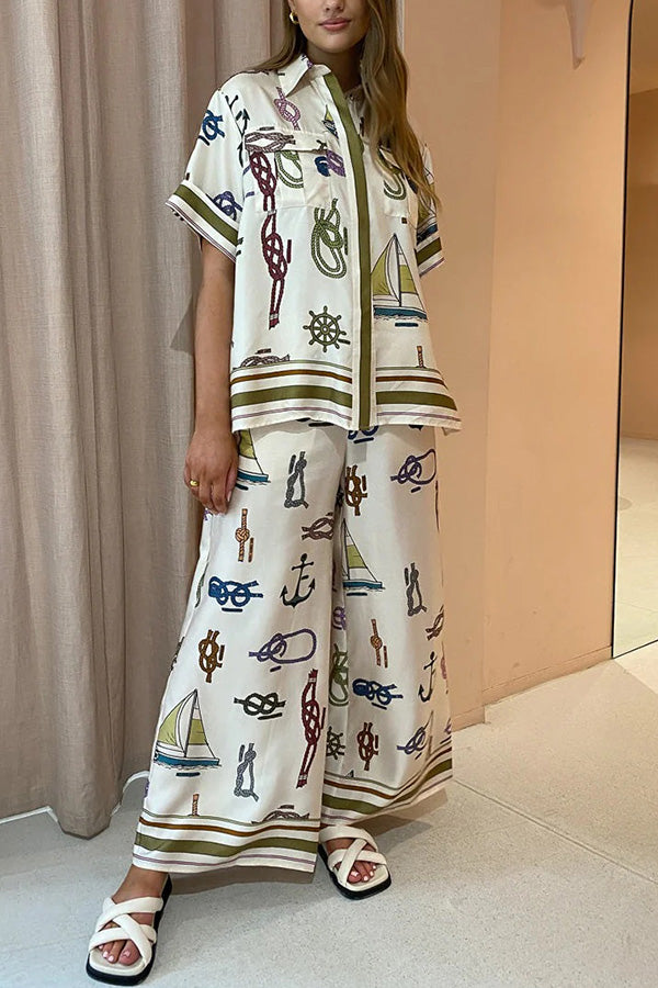 Sail Away Satin Unique Nautical Motifs Print Button Down Pocket Oversized Blouse