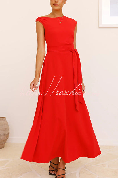 Color Sloped Collar Slim Fit Waist Lace Up Full Hem Maxi Dress