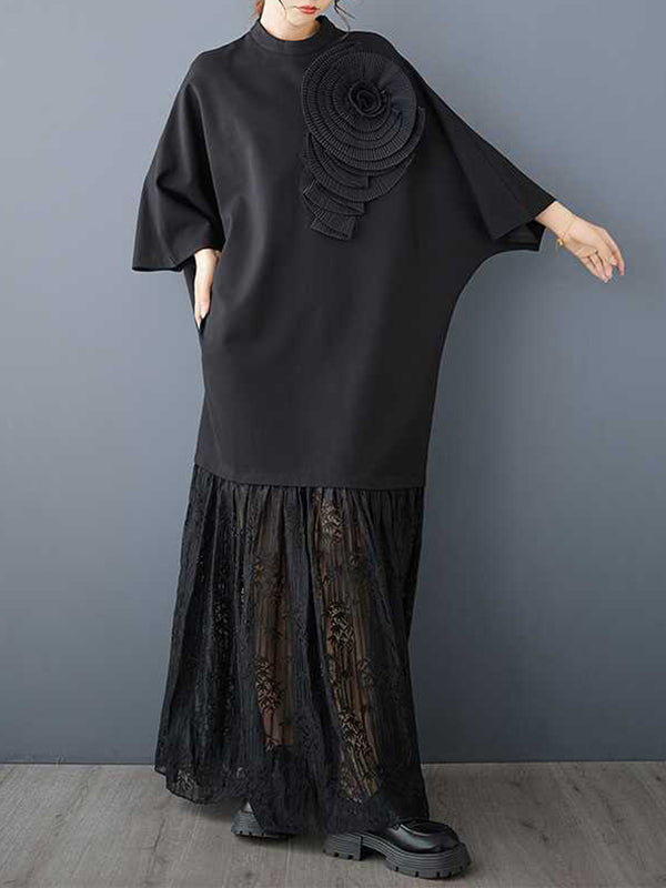 Long Sleeves Loose Color Split-joint Three-dimensional Flower Mock Neck Maxi Dresses