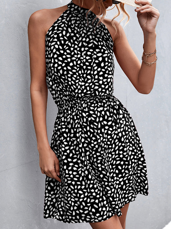 A-line High Waisted Elasticity Leaves Print Pleated Halter-neck Mini Dresses