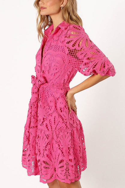 Color Lace Cutout Balloon Sleeves and Waist Tie Mini Dress